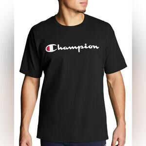 Champion Men's Classic Script Logo Black w White T-Shirt, Size Medium. EUC